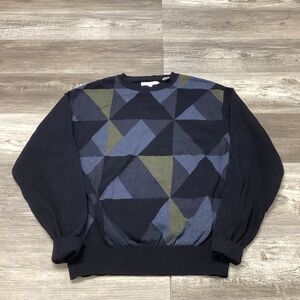 Alex Cannon Black Blue Mens M Geometric Print Cotton Pullover Sweater patterned
